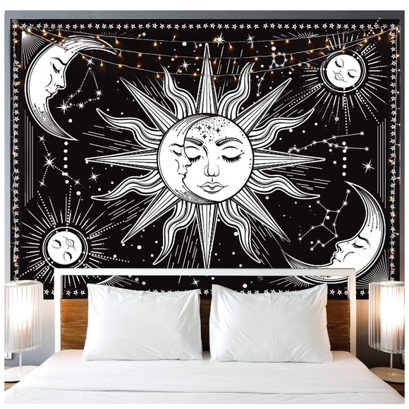 Hippie Sun/Moon Constellation Retro Black/White Tapestry Wall Dorm/Room Art Deco - Picture 2 of 5